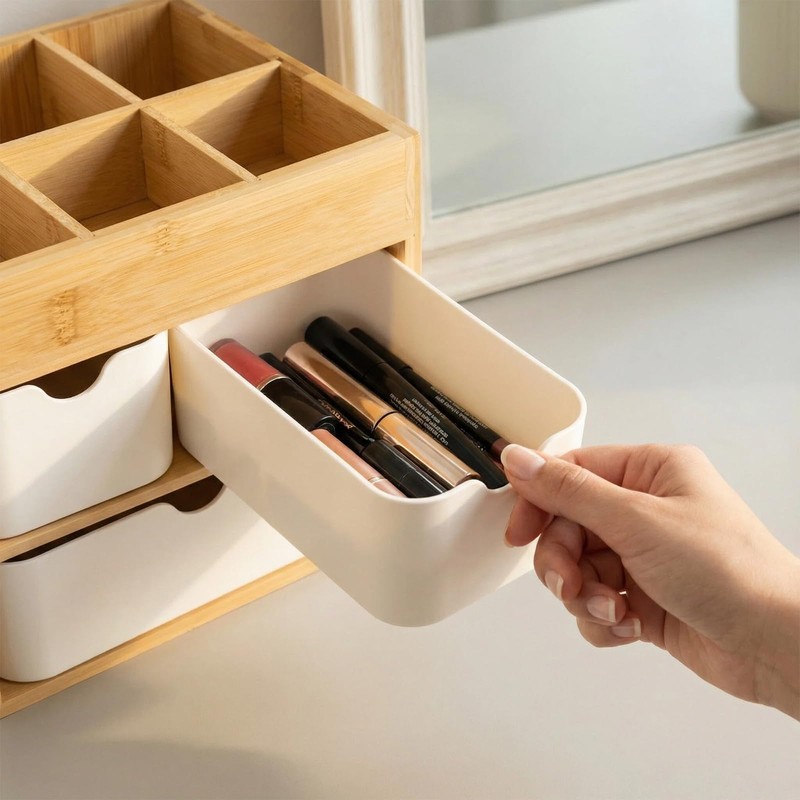 Ninebendstreams Small Bamboo Makeup Organizer（5.7" D x 8" W x
