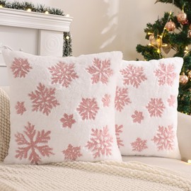 Tosleo Christmas Decorative Throw Pillow Covers 18 x 18 inch Set of 2 Soft Faux Fur Pillow Case with Pink Embroidery Snowflake Pillow case Christmas Dec Square Holiday Cushion Case, White