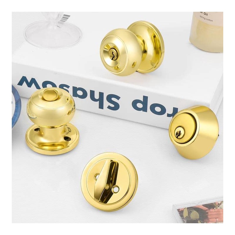 Probrico Polished Brass Keyed Entry Door Knob and Single Cylinder