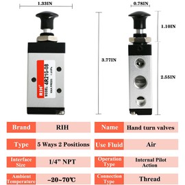 RIH 5 Way 2 Postion Air Valve Air Hand Lever Operated Valve Pneumatic Solenoid Valve Manual Control Push Pull Valves 4R210-08 (1/4"NPT)