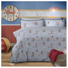 Duvet Cover Set, Seaside Beach Hut Campervan Design, Reversible Quilt Cover, Easy Care Bed Linen, Soft Cosy Bedding with Pillowcases Cotton Rich (King (U.K. Standard))