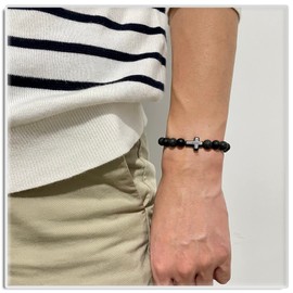 Xusamss Cross Bead Bracelet 8MM Lava Rock Turquoise Tiger Eye Onyx Stone Bracelet,7 1/2 wrist(Lava_Onyx)