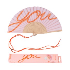 FISURA – Original Folding Handheld Fan with Fun Message "you", Wooden Folding Fan for women, Orange Design with Hanger for Wedding, rave, festival - Size: 42.5 x 23 cm