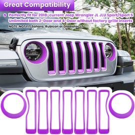 Front Grille Mesh Inserts & Headlight Cover for Jeep Wrangler JL JLU Unlimited Sport/Sports 2018-2023 Exterior Accessories Clip-in Grille Guard Cover Headlight Bezels Trim Ring (Purple 9PCS)