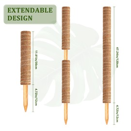 4 Pack 47 Inch Moss Pole, Stackable Moss Poles for Climbing Plants Monstera, Grow Upwards with Jute String Moss Stick. Coir Plant Support Stakes for Potted Plants Indoor.