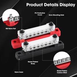 mizikuu Pack of 2 Bus Bar, 12V-48V DC 150A Busbar Distribution Block with 6 x M4 Terminal Bolts and 2 M6 Bolts with Cover BusBar BusBar Block Screw Clamp for Car Truck Boat RV