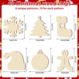 Yjunue 60 PCS Wooden Christmas Ornaments Unfinished, 6 Styles DIY for Christmas Tree Decorations, Wooden Ornaments to Paint Crafts for Kids Adults Holiday Hanging Decorations