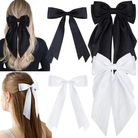 Cute Silky Satin Hair Bows Ribbon Hair Clip Large Bow Hair Slides Metal Clips Fashion Long Tail Hair Accessories for Women Girls(4 PCS，black&white)