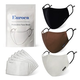Euroca Cloth Face Mask 3 Layer Reusable Washable and Adjustable with Filter Pocket for Adult -3 Packs with 6 Filters included (Black + Espresso + Grey, Large)