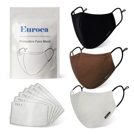 Euroca Cloth Face Mask 3 Layer Reusable Washable and Adjustable with Filter Pocket for Adult -3 Packs with 6 Filters included (Black + Espresso + Grey, Large)