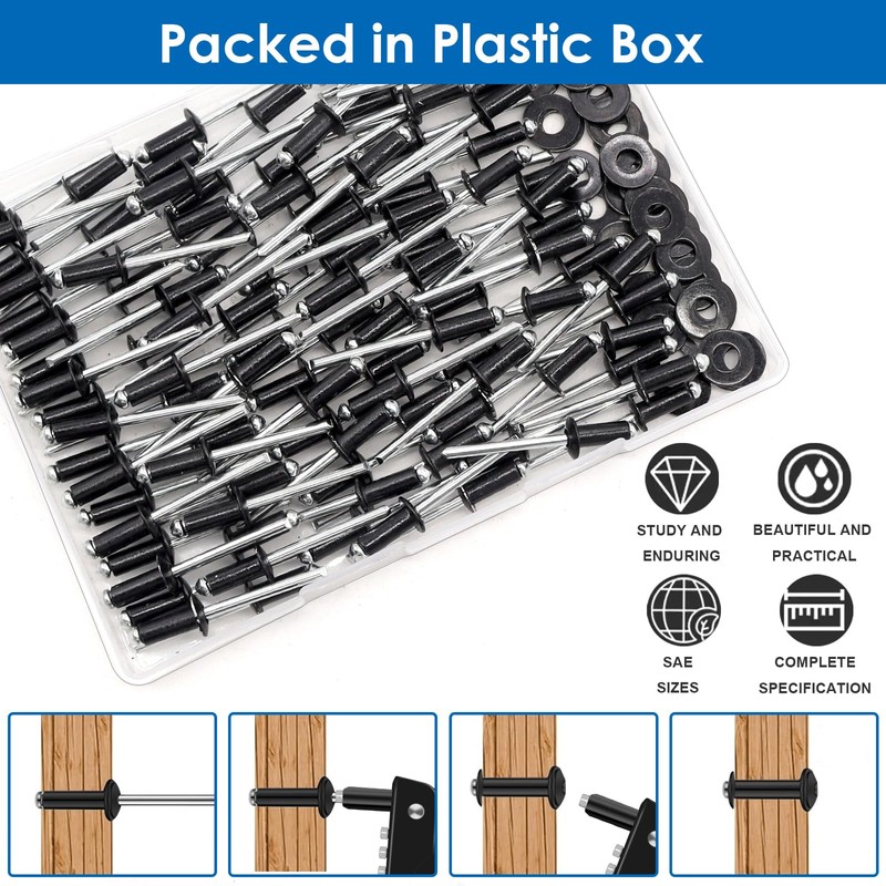 smseace 260pcs 1/8" x 3/8" Black Pop Rivets with 304