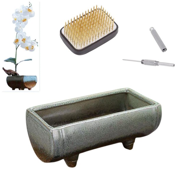 Japanese Flower Frog Ikebana Vase Kit, Ceramics Flower Container (6.7"Lx3.4"Wx2.75"H) with Rectangle Floral Frog (2.1"Lx1.4"W) and 2 in 1 Kenzan Needle Straightening Tool