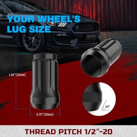 JMP Tuercas de rueda de 1/2 x 20, 20 tuercas negras de 1/2 a 20, asiento cónico/cono de 60 grados, extremo cerrado, 6 tuercas estriadas de 3,5 cm de alto con 1 llave para Dodge Jeep Ford Lincoln, paquete de 21 unidades