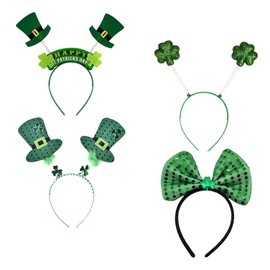 NOLITOY 4Pcs St Patrick's Day Headbands Set Clover Hair Hoops Sparkly Bow and Hat Accessories for Carnival Celebrations Props for Parties and Events