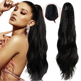 Ponytail Extensions Claw Clip Curly Wavy Ponytail Extension Black Highlights 20 Inch Long Wave Drawstring Ponytail Hairpiece Organique Synthetic Body Curled Pony Tail for Black Women Girls(5.82OZ)…