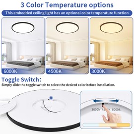 UprizeP 20inch Led Ceiling Light, Ultra Thin Dimmable Flush Mount Ceiling Light, 3000K/4000K/6500K Selectable Round Ceiling Lamp for Bedroom Kitchen Living Room, Black