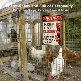 Funny Chicken Warning Tin Sign – “Keep Gate Closed” Rooster Peeking Metal Sign – 12x8 Inches Vintage Farmhouse Wall Decor for Chicken Coop or Fence