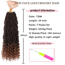 24 Inch New Faux Locs Crochet Hair 7 Packs Boho Soft Locs Crochet Braids With Curly Ends Pre-looped Natural Synthetic Long Goddess Nu Locs Braiding Hair for Women (12Strands/pack T30#)
