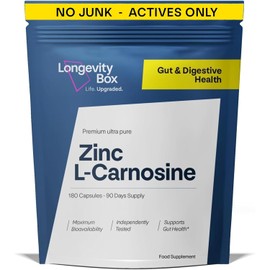 Zinc L-Carnosine Supplement - 75mg x 180 Capsules of Maximum Bioavailable Zinc L-Carnosine 2 Per Serving, Supports Gut Health, Nutrient Absorption, Digestive Comfort - 3 Months Supply