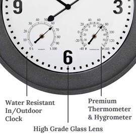 PresenTime & Co 19.6 inch in/Outdoor Gray Stone Clock with Thermometer & Hygrometer, Faux Stone/Slate Finish, Terrazzo/Slate Style, Gray Color