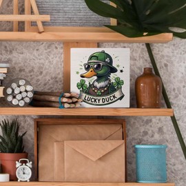 Nvotell St Patrick's Day Sign, Lucky Duck Wooden Box Sign, Mallard Duck Decor, St Patrick's Day Decorations, St Patrick's Day Wood Block Signs for Home Office Desk Table Shelf Decor, 5x5 Inch