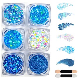 6 Shapes Holographic Body Glitter Gel Set, Pink Face & Body Glitter for Festival, Party, Cheer, Hair, Easy to Apply & Remove, Non-Sticky Sparkly Makeup for Bold Looks (Blue)