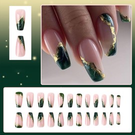 Square Press on Nails Medium Fake Nails with Design Green French Tip Gold Foil Glitter False Nails Pink Acrylic Nails Artificial Full Cover Glue on Nails Stick on Nails for Women 24 Pcs Manicure