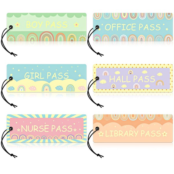 Xuhal 6 Pcs Rainbow Hall Pass Assorted Classroom Magnetic Passes Boho Reusable Classroom Passes for Students Waterproof Pass Card Set Nurse Pass Library Pass Boy Girl Office Pass (Pastel Color)