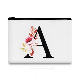 Funincrea Letter Floral Travel Makeup Bag Canvas Makeup Organiser Cosmetic Bags with Zipper, 24 x 17 cm Make Up Travel Pouch Lightweight Small Make Up Bag for Storing Cosmetics (A, White)