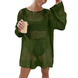 Prinbara Crochet Cover Up for Women Swimsuit Summer Bathing Suit 2025 Swim Hollow Out Bikini Swimwear Mesh Knit Beach Dress Army Green Large