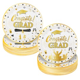 Houuqe 120pcs Graduation Party Supplies Paper Plates, 9 Inch White Gold Congrats Grad Disposable Paper Plates, Graduation Party Decoration Dinnerware Plate for College High School