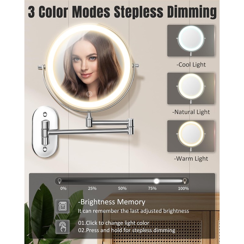 30X/1X Wall Mounted Lighted Makeup Mirror, 8'' Double Sided Rechargeable