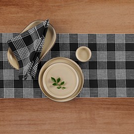 Solino Home Linen Plaid Table Runner 48 inch - 100% Pure Linen Black and White Glen Check Table Runner 14 x 48 Inch - Handcrafted and Machine Washable Fabric