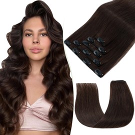 TESS Human Hair Extensions Clip in Real Hair Brown Remy 5 Pieces Straight Natural Hairpieces for Women/Girls (#02 Dark Brown, 22 Inch 75g)