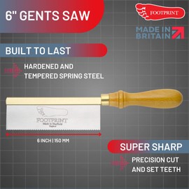 Beechwood Handle 6" Gents Saw - by Footprint Tools. Hardened and Tempered Spring Steel Blade with Fine Tooth for Woodworking. Handsaw/Wood Saw/Small Backsaw Perfect for a Mitre or Dovetail Cut.