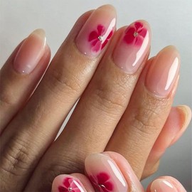 Almond Press on Nails Short Fake Nails with Flower Glitter Designs Pink Nails Press ons Glossy Glue on Nails Cute Acrylic Nails Daily Wear Simple False Nails Artificial Stick on Nails for Women 24Pcs