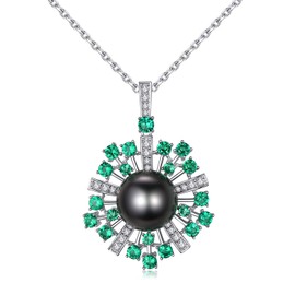 VIKI LYNN 10-11mm AAA Black Tahitian Cultured Pearl Pendant Necklace Jewelry for Women with Green Spinel