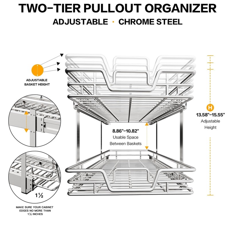 QUYUWU 2-Tier Kitchen Cabinet Pull Out Shelf and Drawer Organizer