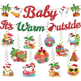 Need DIY Summer Christmas Party Decorations Banner and Hanging Swirls Baby It's Warm Outside Banner,Merry Christmas Cutout with Hanging Swirls Hawaiian Snowman Style Party Supplies
