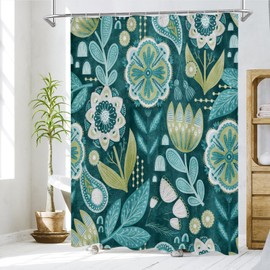 MitoVilla Boho Floral Teal Shower Curtain, Modern Flower Shower Curtains for Chic Elegant Bathroom Decor, Vintage Fabric Cloth Shower Curtain, Colorful Abstract Leaves, 72x72