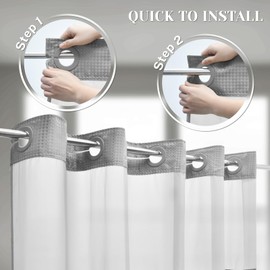 SORTTO No Hook Shower Curtain with Snap in Liner Set Waffle Shower Curtain for Bathroom Hotel Style Fabric Waterproof Inner Liner，71" W x 74" H, Grey