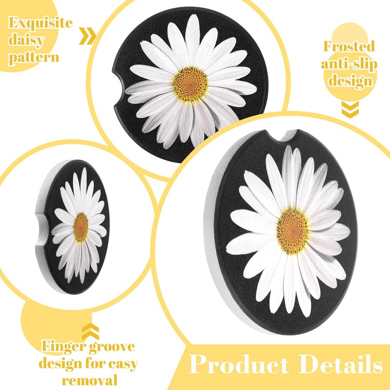 4Pcs Daisy Car Coasters for Cup Holders, Universal Non-Slip Absorbent