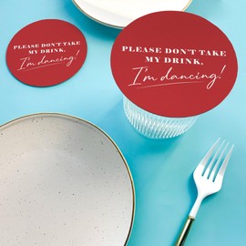 Big Dot of Happiness 25 Ct Cherry Red Simple Script Please Don't Take My Drink I'm Dancing Coasters, 4-Inch Disposable Round Paper Coasters for Weddings, Funny Cocktail Table Decor for Bar Drinks