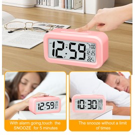 Triangle Plum Alarm Clocks for Bedrooms,Digital Alarm Clock with LCD Screen,Snooze,12/24H,Battery Operated for Heavy Sleepers Adults Desk Travel Office-Pink