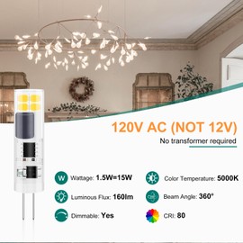 DiCUNO G4 LED Bulb Dimmable, 120V, G4 Bi-Pin Base Light Bulbs 1.5W, Daylight White 5000K, 15W T3 JC Type Halogen Replacement for Landscape Lighting, Under Cabinet, RV, Chandelier, 160 lm, 10-Pack