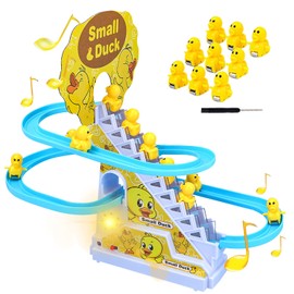 Small Duck Climbing Stairs Toy,Electric Duck Roller Coaster Toy Set with LED Flashing Lights & Music Track Slide Birthday Gift for Kids,Age 3（9Pcs Ducks）