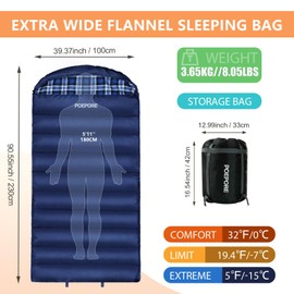 POEPORE 0 Degree Sleeping Bag 100% Cotton Flannel XXL Cold Weather Winter Oversized Sleeping Bag for Adults Camping Zero Degree Big and Tall with Compression Sack 20F