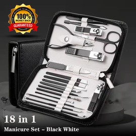 Manicure Set Nail Clippers Kit For Women&men 18 in 1 Professional Stainless Steel Pedicure Care Tools Kit Nail Cutter Set Scissors Grooming Kit With Black Leather Travel Zip Case(Black White)