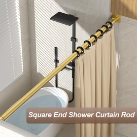 Shower Curtain Rod Square End 32"-68" Heavy Duty Gold Shower Rods No Drilling for Bathroom Shower Stall RV Closet