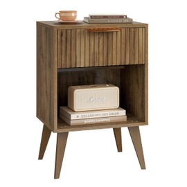 YAUKOMEL Fluted Night Stand with Opening Storage,Mid Century Bedside Table with Drawer,Wood Nightstand with Solid Wood Legs,End Table Side Table for Living Room,Bedroom,Caramel Oak CTG56BR